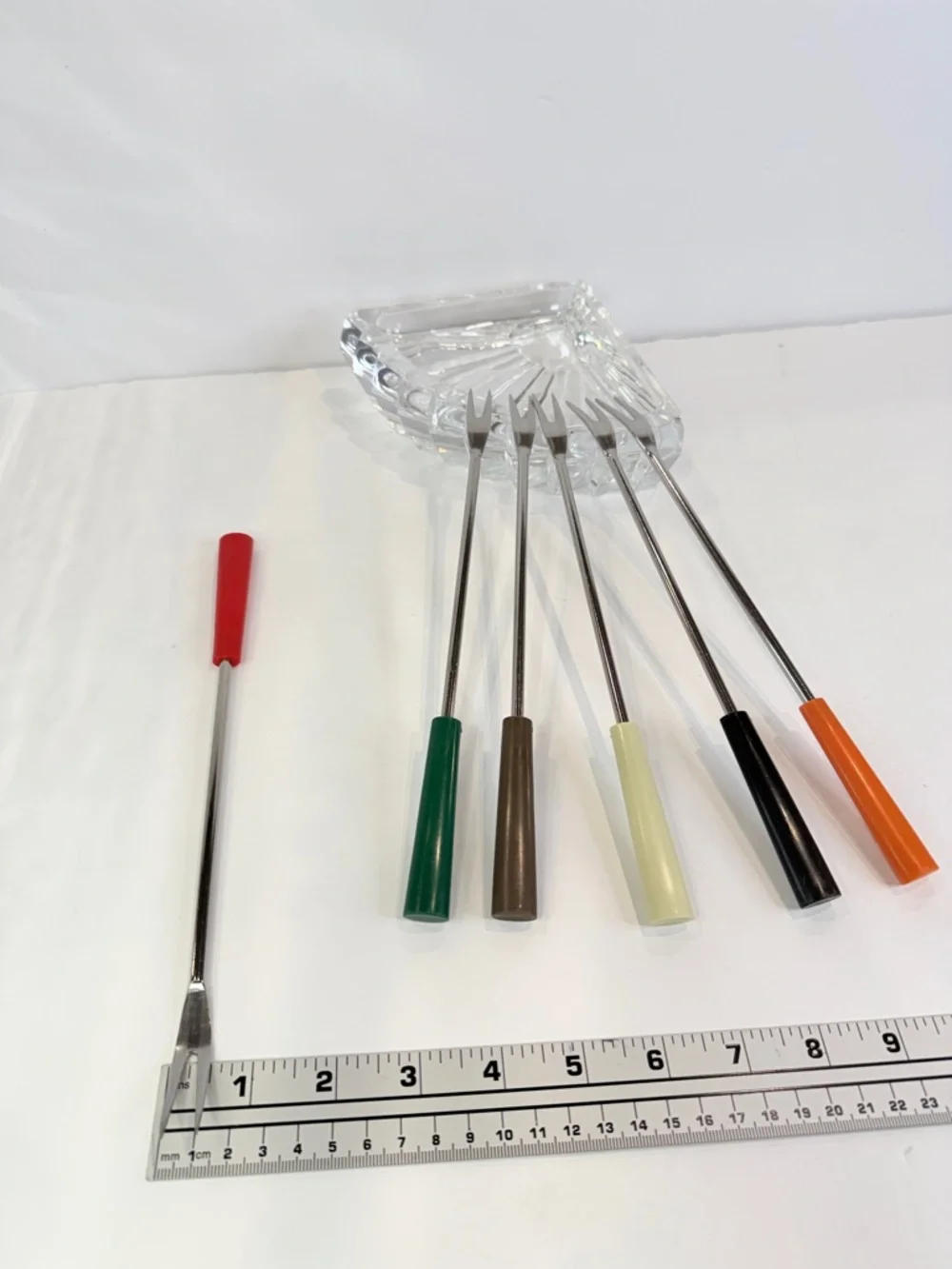 10 inch “Vintage Fondue Fork Set 6 Color Handle Retro 70s Appetizer Picks”